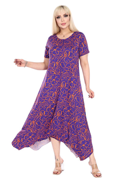 MELSAY Γυναικείο κοντομάνικο μωβ στάμπα φόρεμα ασύμμετρης κοπής Plus Size