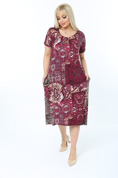 MELSAY Rochie de damă marime mare roșu claret cu model etnic, cu potrivire standard, rochie din viscoză 44-52 Gama de mărimi