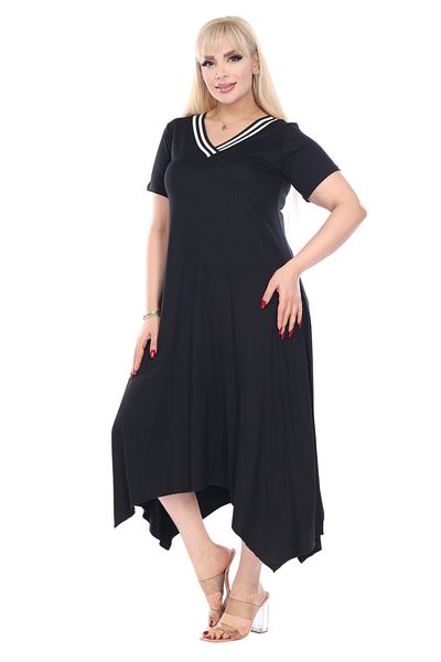 MELSAY Women's Black Short Sleeve Collar Stripe Detailed Asymmetrical Cut Plus Size Dress