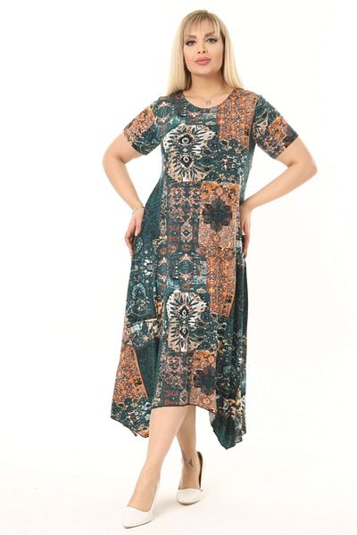 MELSAY Γυναικείο Πράσινο Ethnic Print Plus Size κοντομάνικο ασύμμετρο φόρεμα