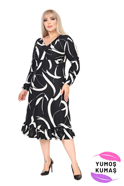 MELSAY Rochie de iarnă pentru femei, cu guler dublu, cu imprimeu cu pene negr...