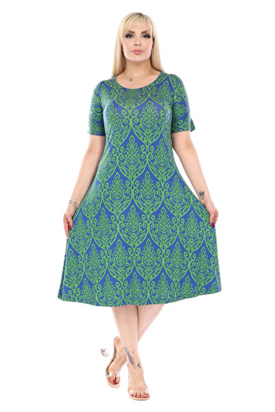 MELSAY Women's Large Size Short Sleeve Green Kilim Pattern Midi Dress