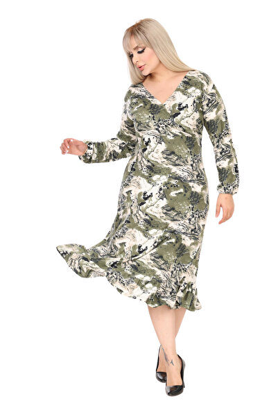 MELSAY Women's Winter Double-Breasted Collar Green Tie-Dye Patterned Skirt Ruffle Dress