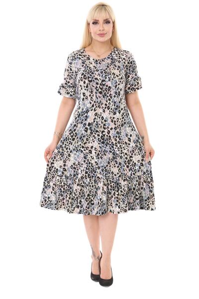 MELSAY Women's Plus Size Gray Leopard Dress with Ruffle Detail on Sleeves and Skirt