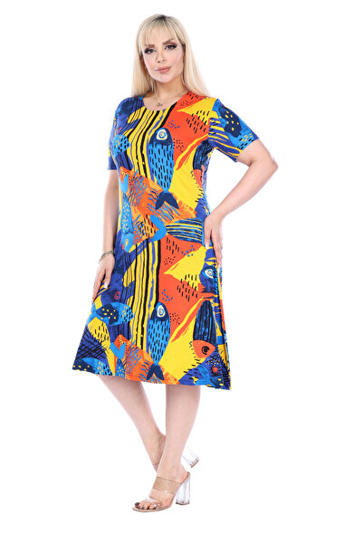 MELSAY Women's Plus Size Crew Neck Yellow Fish Pattern Midi Dress