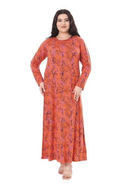MELSAY Orange Thin Coral Pattern - Long Sleeve Hijab Dress, Plus Size