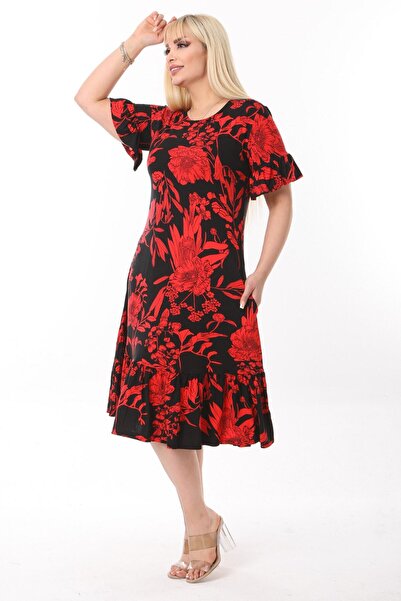MELSAY Women's Plus Size Red Palm Tree Pattern Pocket Dress with Frilly Sleeves and Skirt
