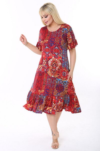 MELSAY Women's Red Ethnic Pattern Pocket Dress with Frilly Sleeves and Skirt