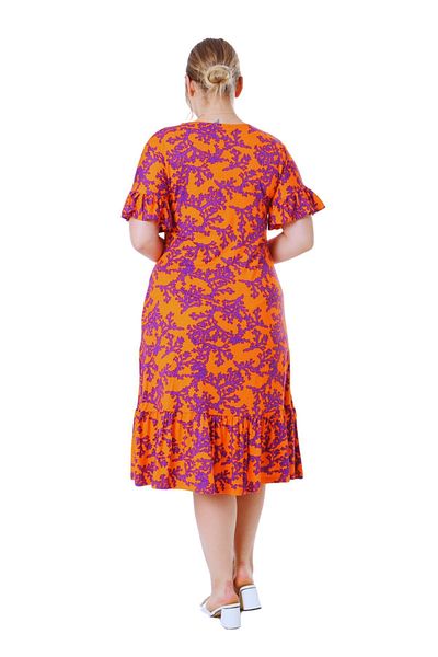 MELSAY Plus Size Orange Purple Print Dress with Ruffles and Pockets