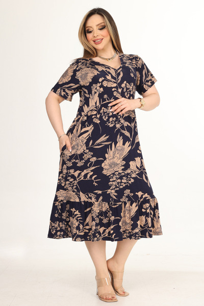 MELSAY Women's Navy Blue Palm Tree Pattern Short Sleeve Robe Dress