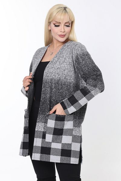 MELSAY Women's Plus Size Gray Plaid Pattern Short Cardigan