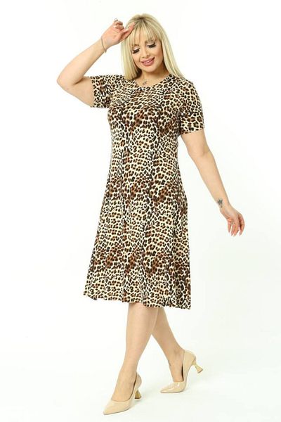 MELSAY Women's Beige Leopard Print Large Size Short Sleeve Midi Dress