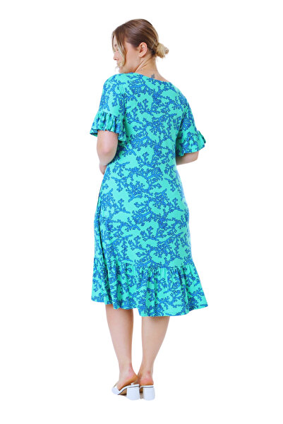 MELSAY Plus Size Turquoise Blue Print Ruffle Pocket Dress