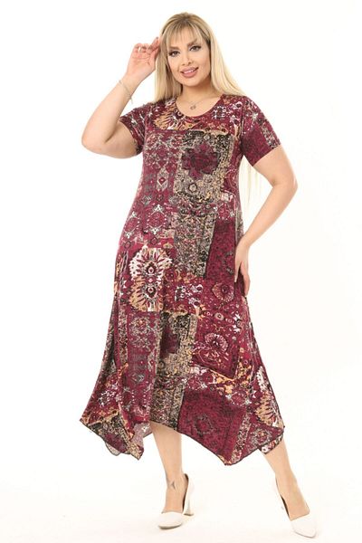 MELSAY Rochie asimetrică cu mânecă scurtă pentru damă, cu model etnic, burgundă