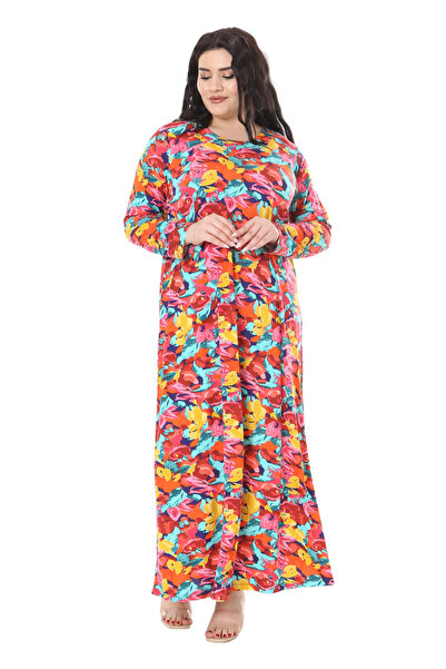 MELSAY Kadın Büyük Beden Sarı Gül Desen Uzun Kol Tesettür Elbise