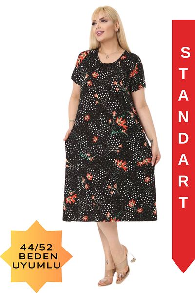 MELSAY Γυναικείο Μίντι Φόρεμα Μαύρο Plus Size Loose Fit με κοντό μανίκι πορτοκαλί λουλούδι