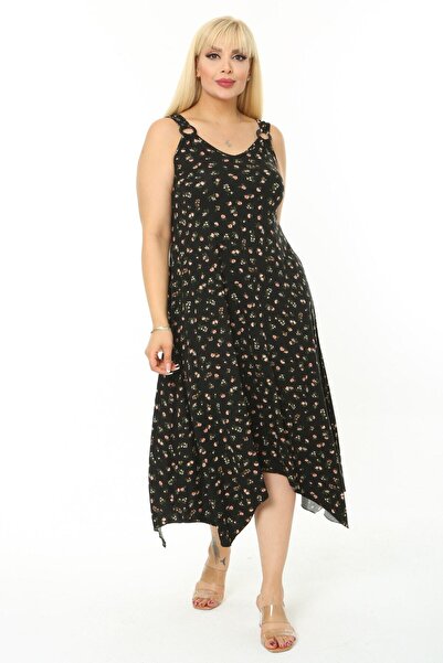 MELSAY Black Narcissus Pattern Strap Dress