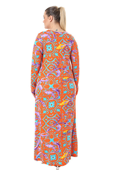 MELSAY Γυναικείο μακρυμάνικο χιτζάμπ φόρεμα με πορτοκαλί ρετρό σχέδιο