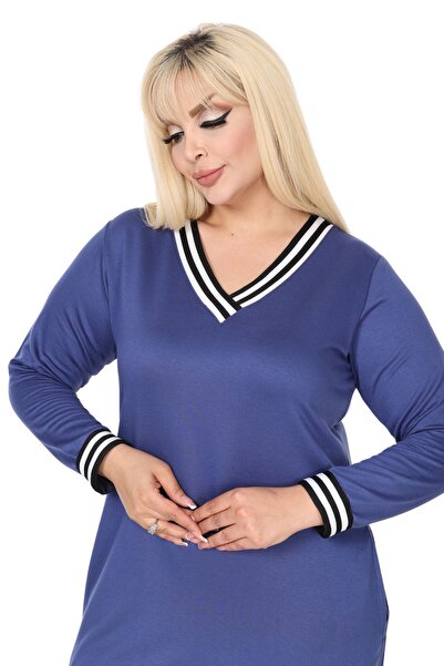 MELSAY Nagy méretű indigó V-nyakú, csíkos izzadságruha