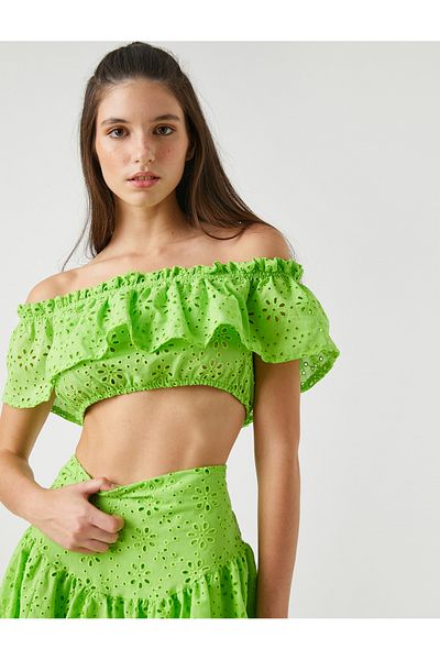 Koton Crop Μπλούζα Off Shoulder Scallop