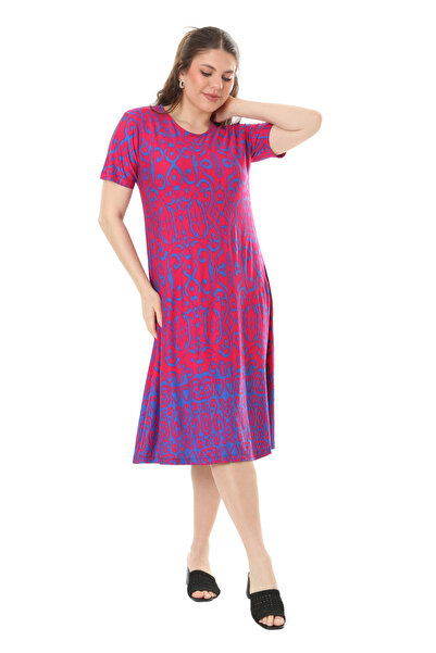 MELSAY Γυναικείο Μίντι Φόρεμα με κοντό μανίκι ροζ Damask print