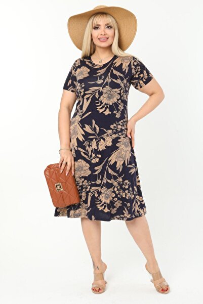 MELSAY Γυναικείο Πλεκτό Μίντι Φόρεμα με κοντό μανίκι με τροπικό σχέδιο Navy B...