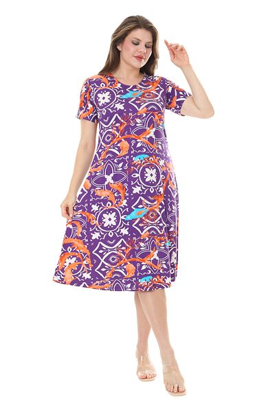 MELSAY Women's Large Size Short Sleeve Purple Retro Print Midi Dress