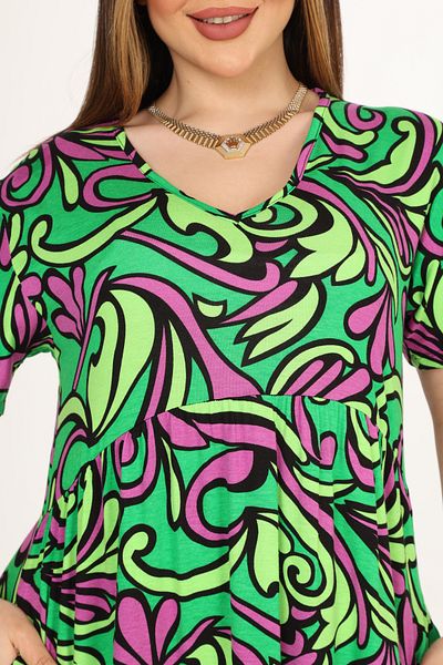 MELSAY Women's Neon Green Jungle Pattern V-neck Short Sleeve Ruffle Robe Dress