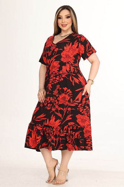MELSAY Women's Red Palm Pattern Short Sleeve Ruffle Robe Dress