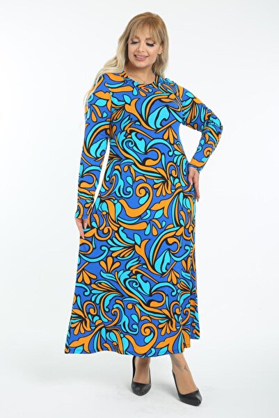 HERAXL Women's Turquoise Orange Patterned Collared Plus Size Dress