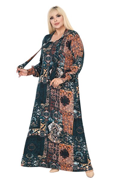 MELSAY Πράσινο Ethnic Print - Μακρυμάνικο Hijab Φόρεμα με λαιμόκοψη