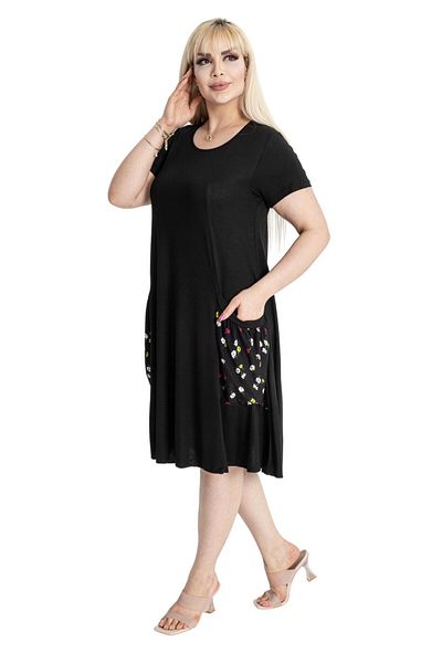 MELSAY Women's Short Sleeve Black Daisy Pattern Balloon Pocket Detailed Dress