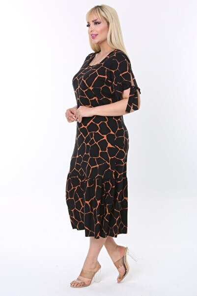 MELSAY Women's Plus Size Sleeves Rope Lacing Black Stone Pattern Dress