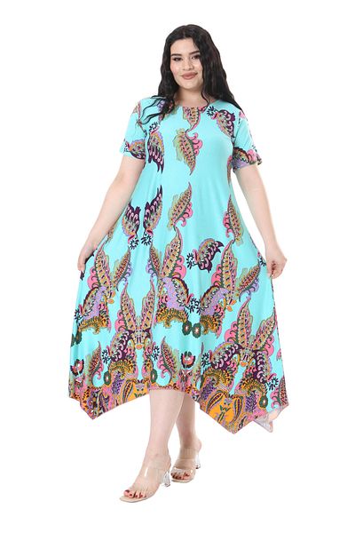 MELSAY Turquoise Shawl Pattern - Short Sleeve Asymmetrical Women's Dress