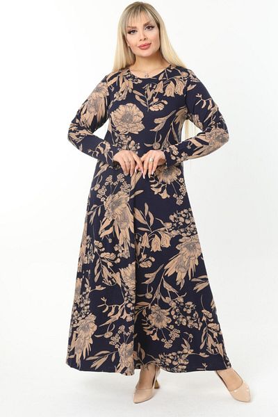 HERAXL Women's Navy Blue Mink Leaf Patterned Plus Size Viscose Long Dress with Ribbed Collar