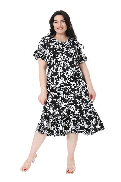 MELSAY Plus Size Black and White Coral Print Dress with Ruffles and Pockets
