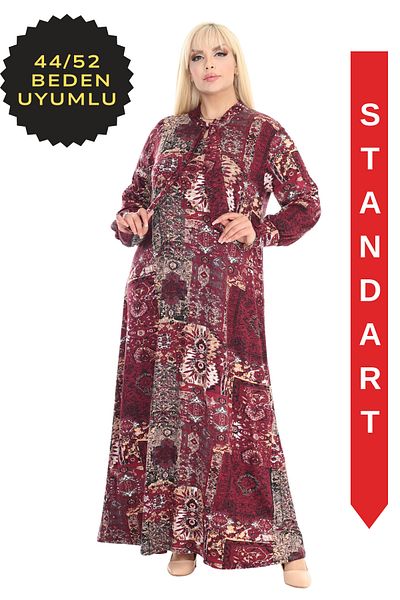 MELSAY Μπορντό Ethnic Print Hijab Φόρεμα - Μακρύ μανίκι και λαιμόκοψη