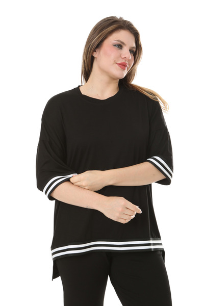 MELSAY Дамски черен комплект капри с ластична талия с къси ръкави и райе