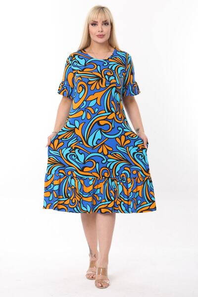 MELSAY Women's Plus Size Turquoise Jungle Pattern Pocket Dress with Frilly Sleeves and Skirt