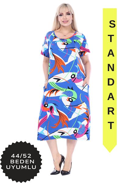 MELSAY Rochie de damă cu guler adunat albastru cu model oceanic