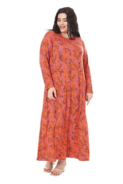 MELSAY Kadın Büyük Beden Turuncu Ince Mercan Desen Uzun Kol Tesettür Elbise