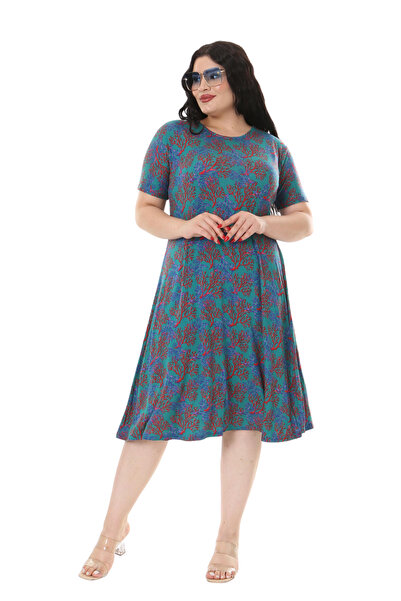 MELSAY Rochie midi albastră pentru femei de mărime mare - cu mâneci scurte și model coral