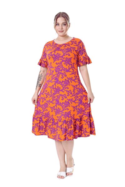 MELSAY Plus Size Orange Purple Print Dress with Ruffles and Pockets