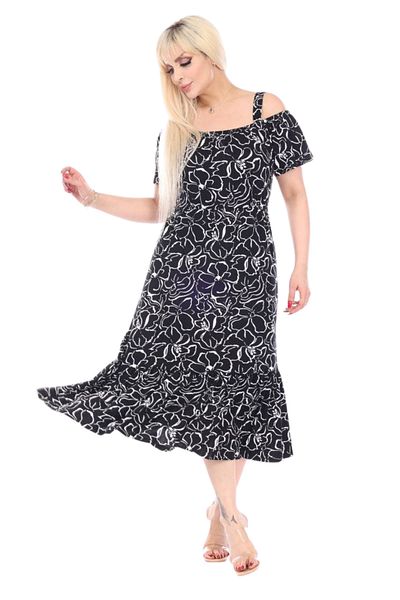 MELSAY Rochie midi cu guler Madonna, negru, cu umăr dezactivat, cu flori