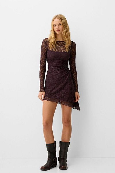 Bershka Blonde lace long sleeve mini dress