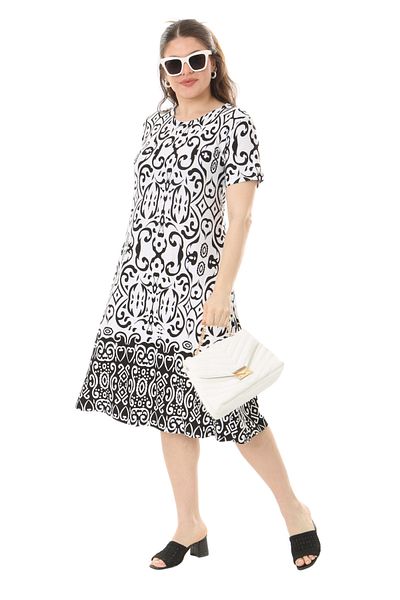 MELSAY Women's Large Size Short Sleeve White Damask Patterned Midi Dress