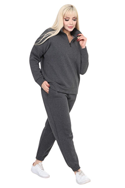 MELSAY Γυναικείο σετ αθλητικής φόρμας Anthracite 3 κλωστών με μισό φερμουάρ και ελαστικό πόδι Plus Size