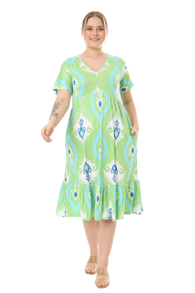 MELSAY Γυναικείο φόρεμα με κοντό μανίκι με λαιμόκοψη σε σχήμα V με πράσινο δαμασκένιο σχέδιο