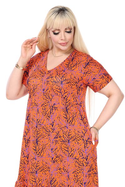 MELSAY Orange Purple Coral Pattern - V-neck Ruffle Short Sleeve Women's Dress with Robe