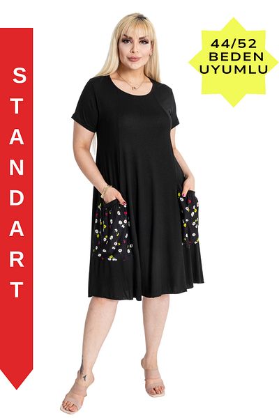 MELSAY Women's Short Sleeve Black Daisy Pattern Balloon Pocket Detailed Dress